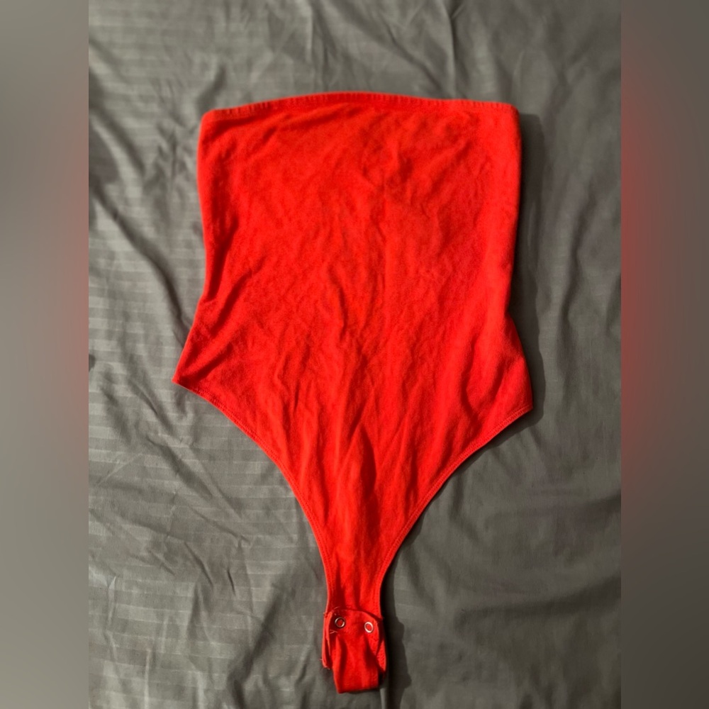 red strapless bodysuit